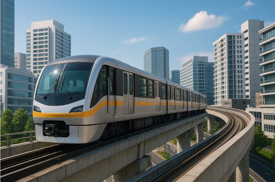 町田の新しい市街地の上空を、未来的にカーブしながら走行する多摩都市モノレールの車両イメージ