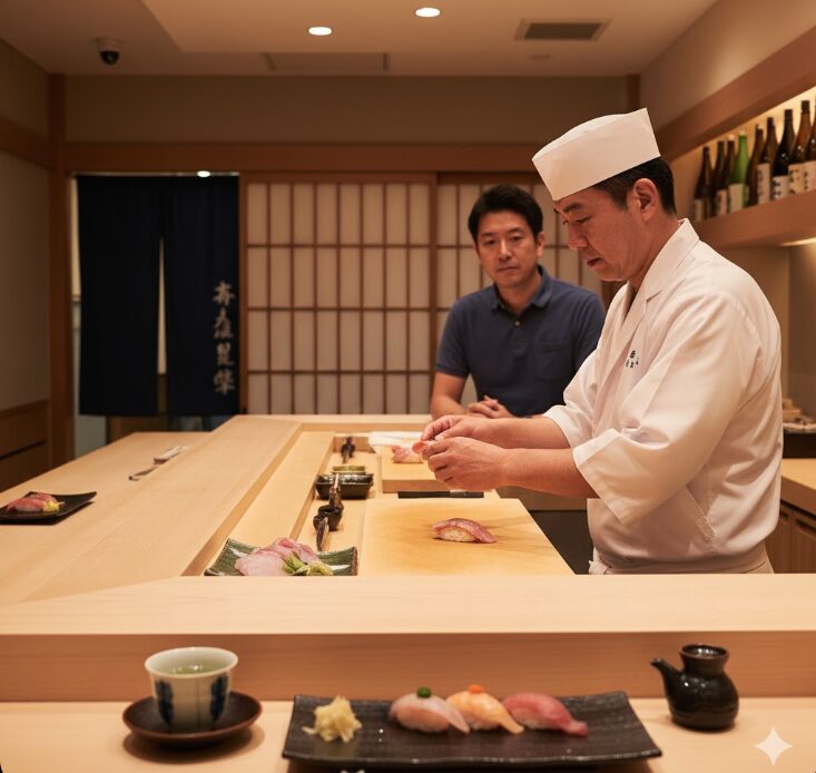 白木のカウンターが美しい高級寿司店で、大将が新鮮なネタを握る様子。客は一人で静かに寿司を味わっている。