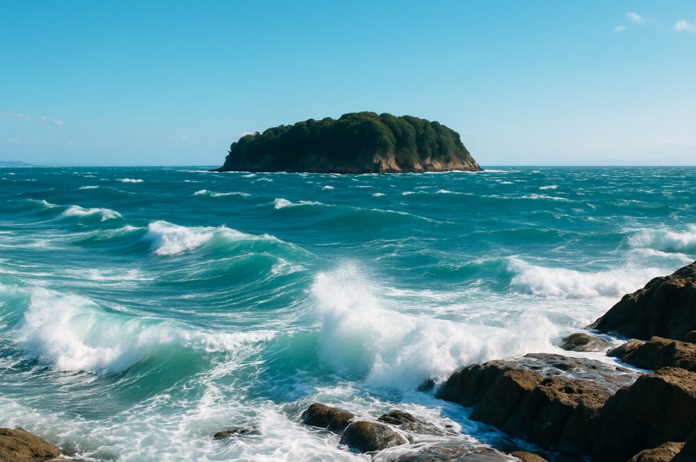 白波が立ち荒れた海で、猿島の桟橋への着岸が困難な状況