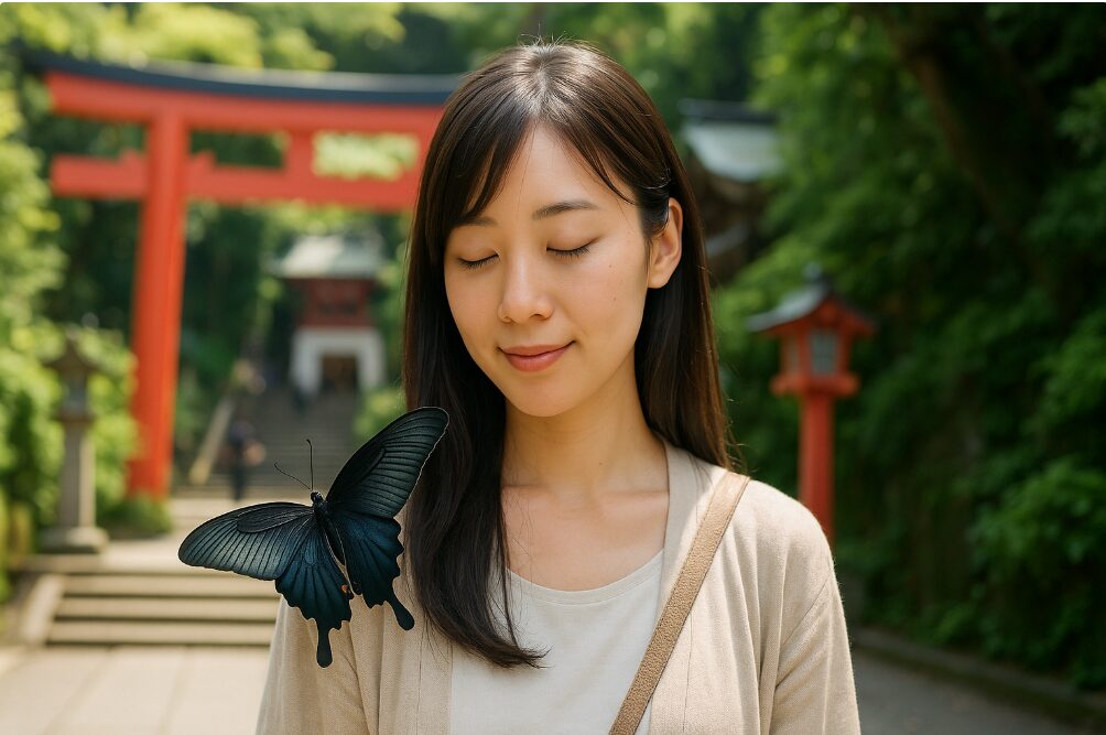 神社の参道で、神様の案内役とされる黒アゲハ蝶が参拝者の肩に止まる様子。変容と歓迎を告げる神使。