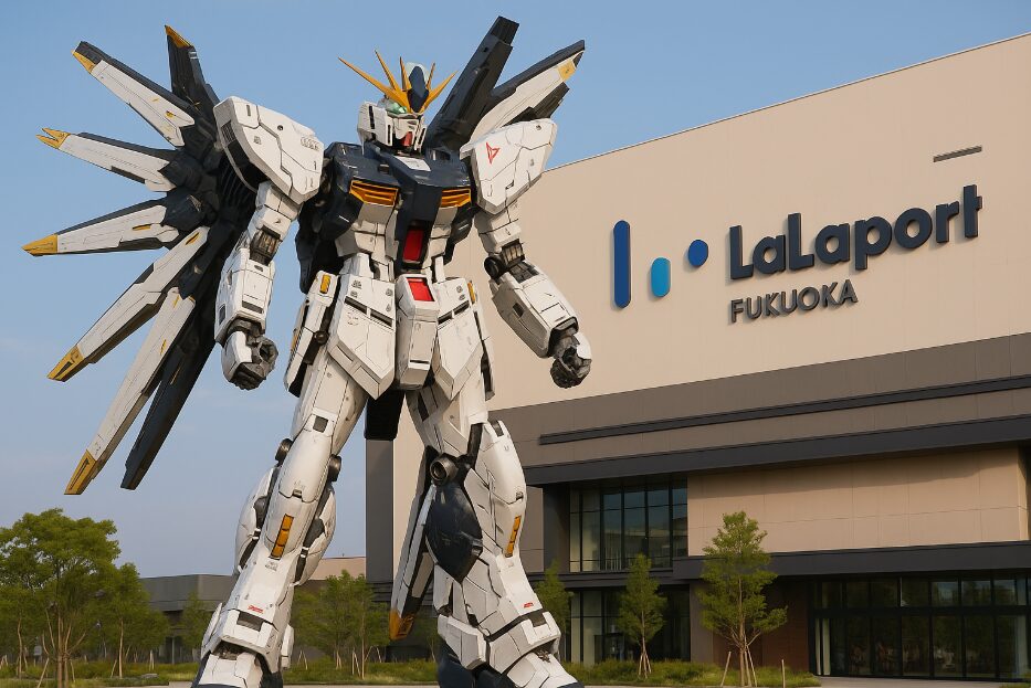 福岡ららぽーと前に立つ実物大ν（ニュー）ガンダム立像