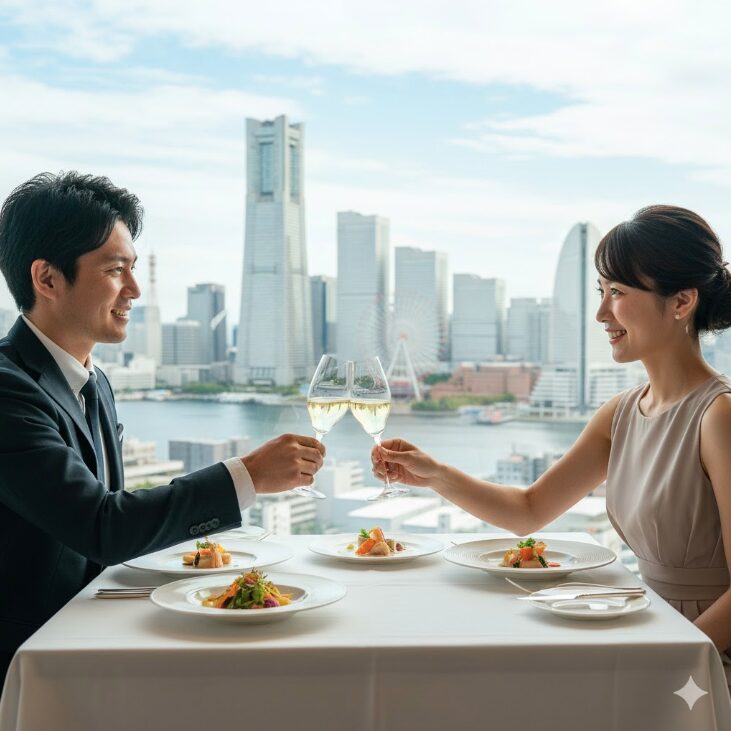 窓からみなとみらいの景色を眺めながら、スパークリングワインで乾杯する日本人カップル。優雅なホテルランチのイメージ。