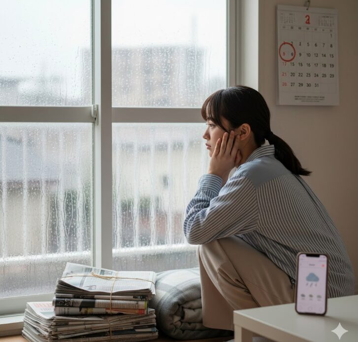 窓の外の雨を眺め、古紙と古布の束の横で残念そうな表情の若い日本人女性。スマートフォンには天気予報アプリが表示されている。