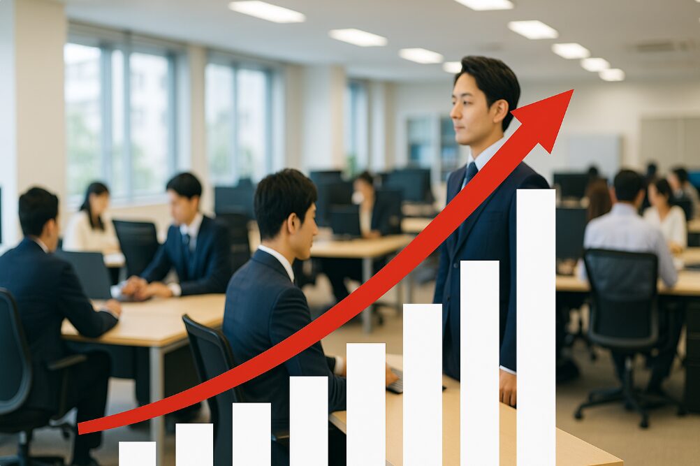組織改革後のV字回復と過去最高益を象徴する上向きの成長グラフと、活気ある企業風景。