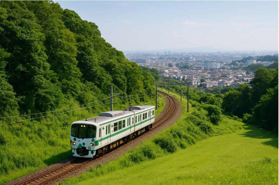緑豊かな丘陵地帯を走るこどもの国線の「うし電車」と、その先にぼんやりと見える鶴川方面の市街地を表現した