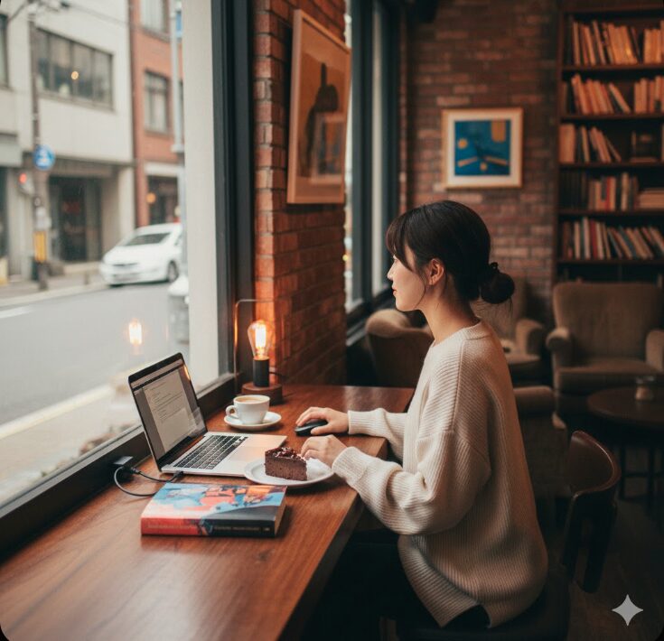 落ち着いたカフェで、窓際の席に座りノートPCで作業をしたり読書をしたりして一人時間を満喫する日本人女性。