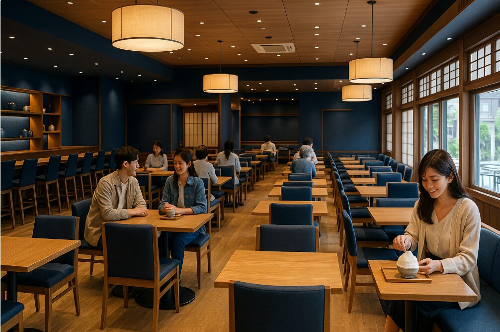 藍色と木目を基調とした、広々とした