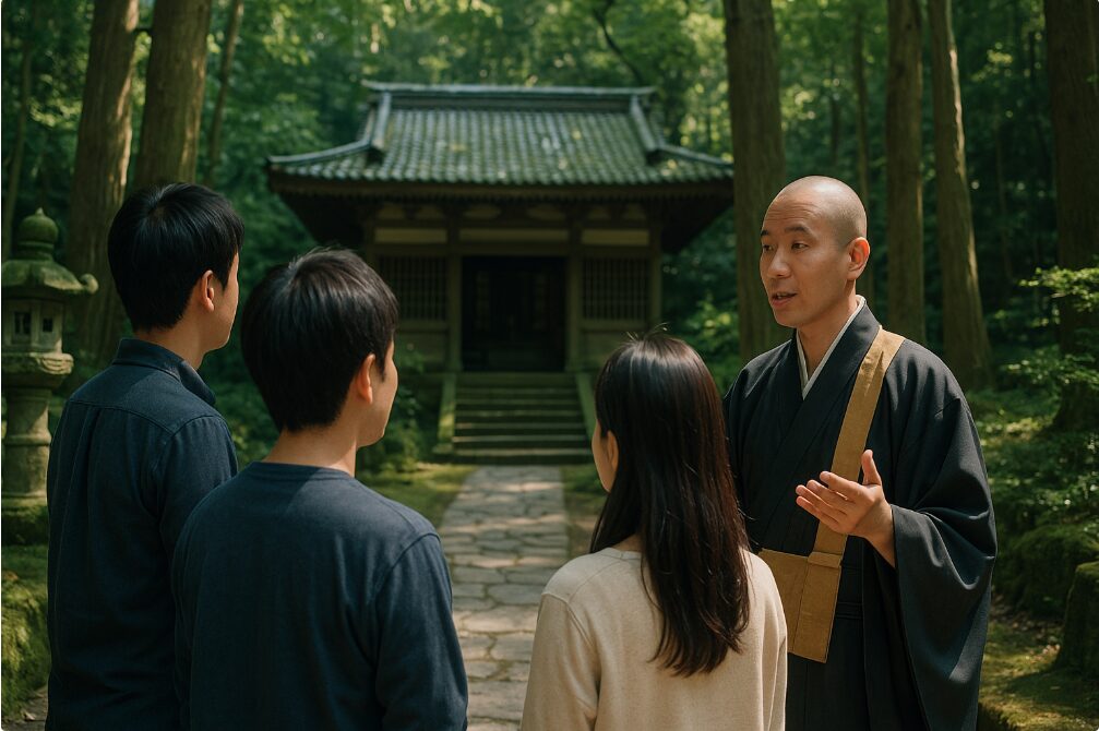 覚園寺を思わせる森の中の寺院で、僧侶のガイドツアーに耳を傾ける少人数の日本人参拝者たち。