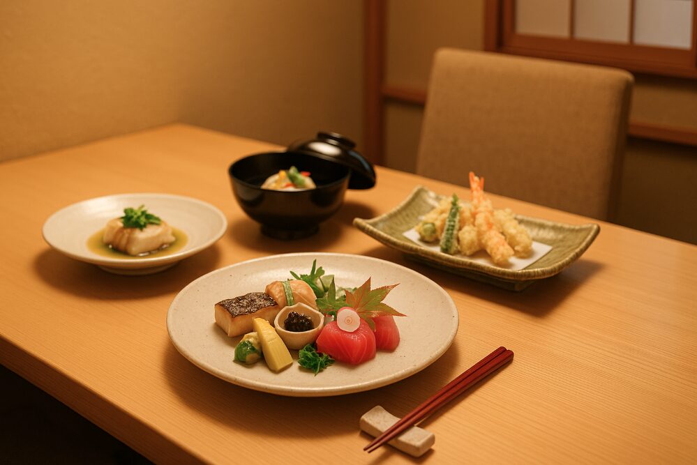 記念日ディナーに最適な、完全個室の懐石料理店で提供される美しく盛り付けられた旬の料理。