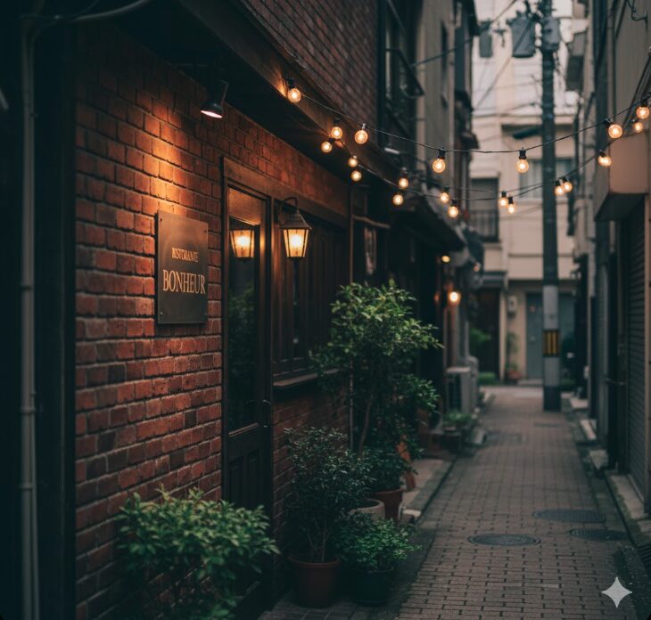 路地裏にひっそりと佇む隠れ家のようなイタリアンレストランの外観。看板は控えめで知る人ぞ知る雰囲気が漂う