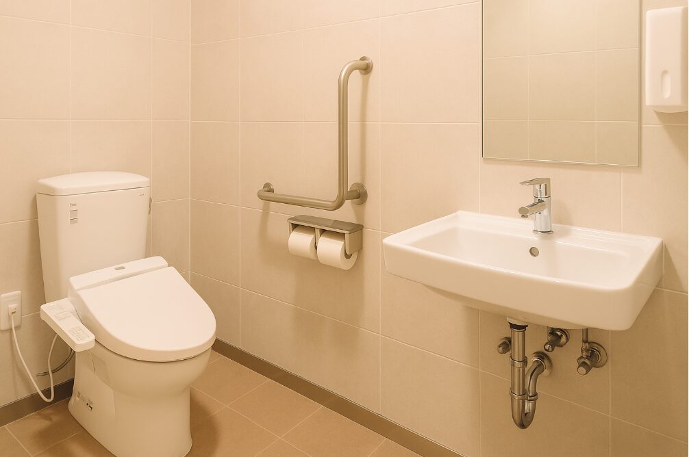 道の駅清川に設置されている、24時間利用可能で明るく清潔なトイレの内部。ウォシュレットや洗面台が写っており、車中泊での快適性をアピール。