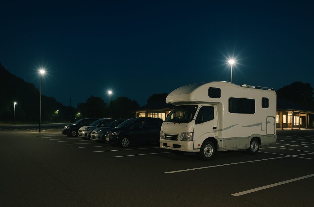 道の駅清川の夜間の駐車場風景。平坦で広く整備された駐車場に停まるキャンピングカーや車中泊の車があり、安全で静かな夜の雰囲気が伝わる。