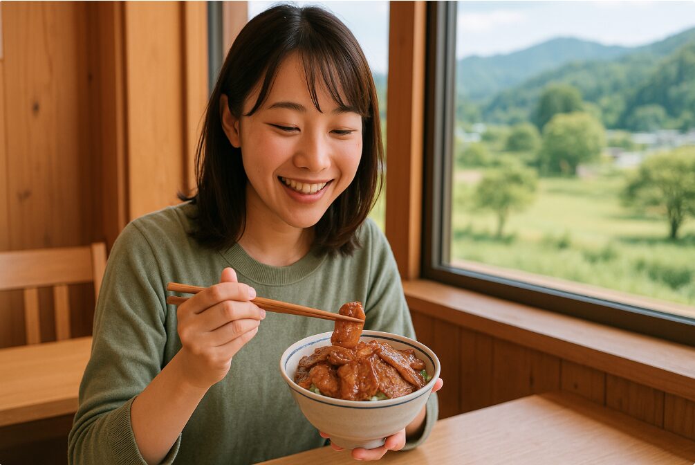 道の駅清川の恵水キッチンで名物の恵水ポーク丼を食べる日本人の様子。脂身が甘いブランド豚がたっぷり乗った豚丼と、窓から見える清川村の風景が食欲をそそる。