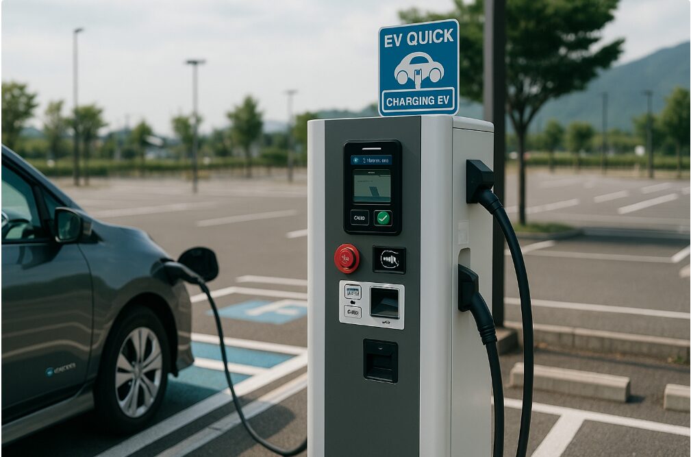 道の駅清川の第1駐車場にある、24時間稼働の急速EV充電スタンド。クレジットカードやタッチ決済が可能な様子が分かるように描写されている。