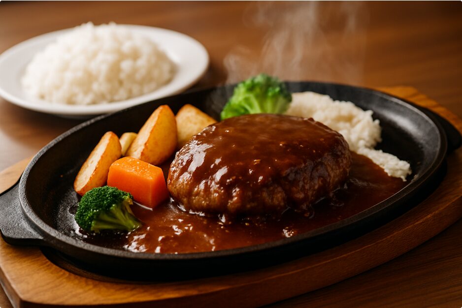 鉄板で提供される熱々のデミグラスソースハンバーグ