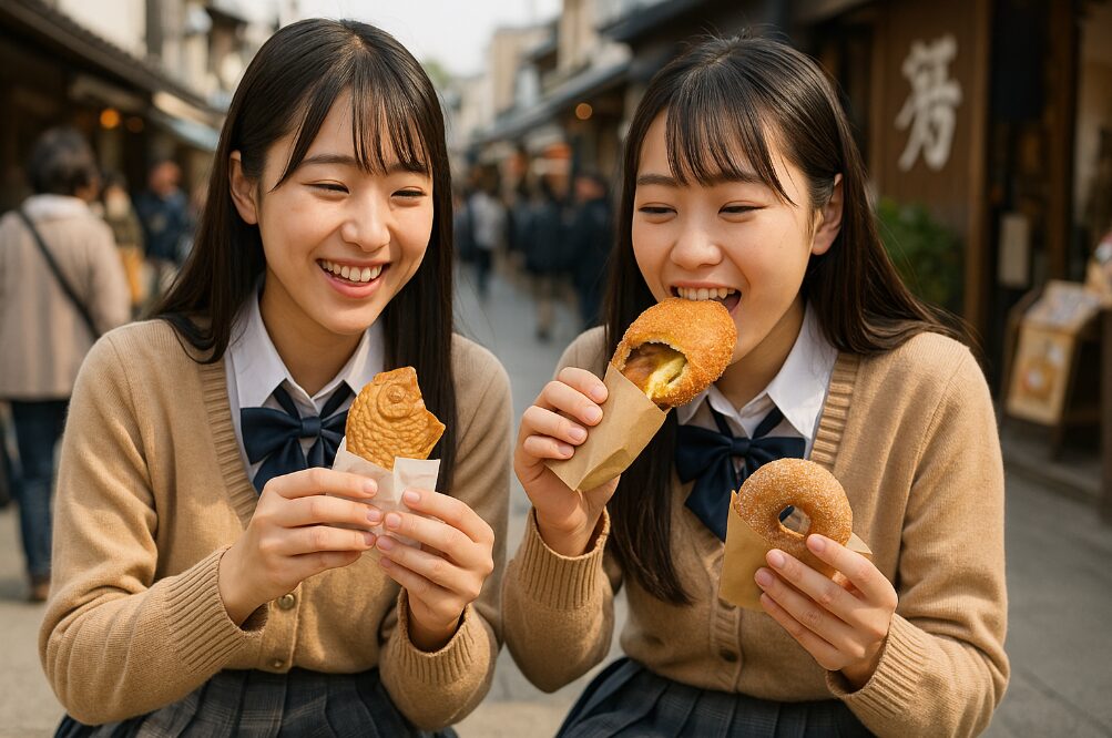 鎌倉の小町通りで、たい焼き、チーズカレーパン、ドーナツといった手頃な食べ歩きグルメを、制服を着た2人の女子高校生が楽しそうにシェアしている様子。