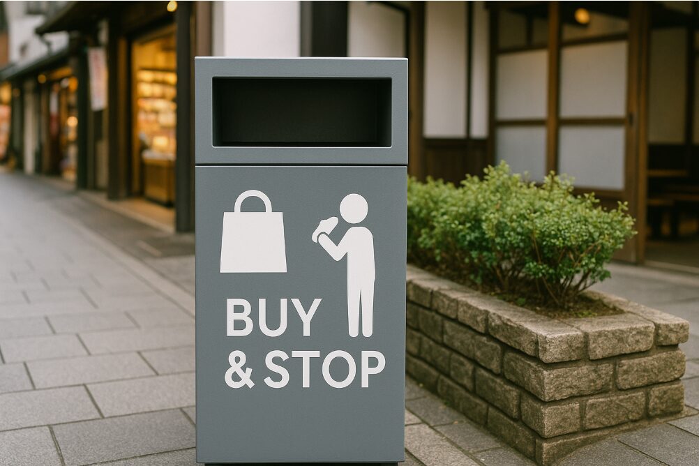 鎌倉の小町通りの脇にある、食べ歩きフード店専用のゴミ箱。ゴミを購入店に返却する、または立ち止まって飲食する「Buy & Stop」のマナーを表現する。