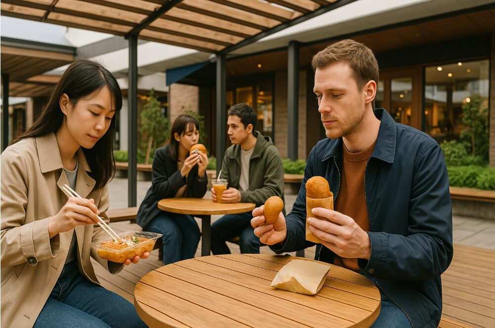 鎌倉の複合施設「i-ZA鎌倉」の中庭にある、日差しや小雨を避けられるウッドデッキの休憩広場。観光客がテイクアウトしたグルメをベンチに座って食べている様子。
