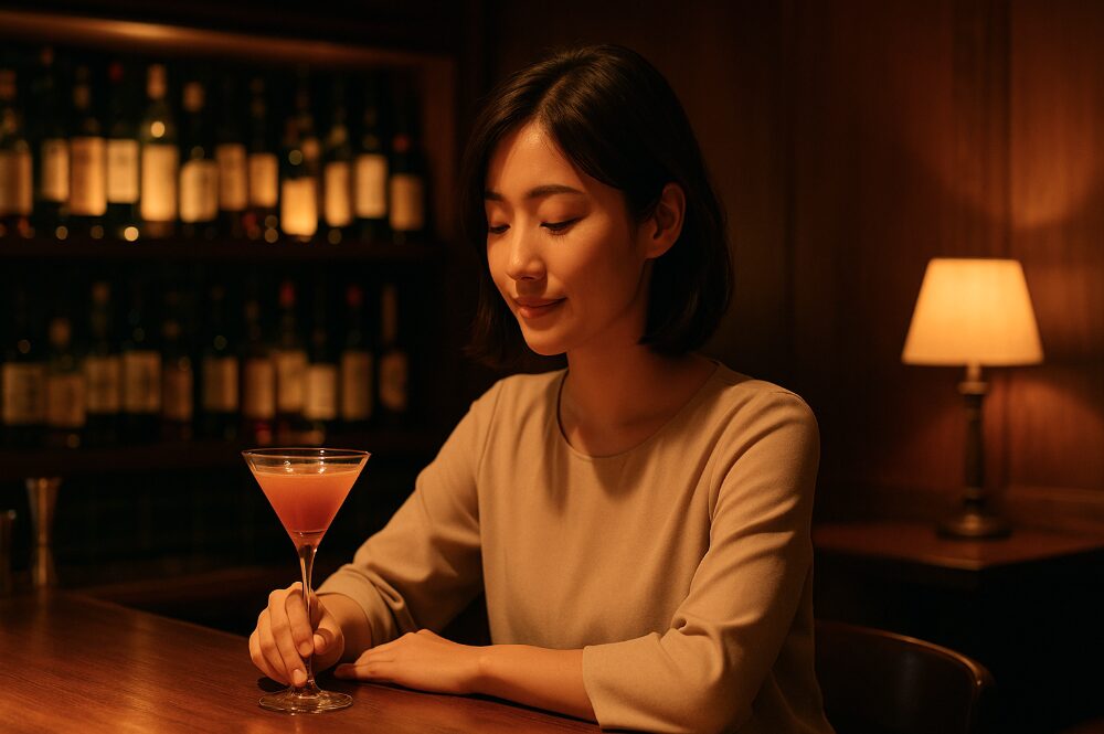 鎌倉の静かな夜、オーセンティックなバーでカクテルを楽しむ大人の雰囲気。
