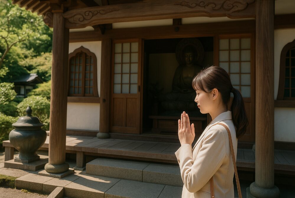 鎌倉の静謐な寺院で、手を合わせて参拝する日本人女性の後ろ姿。御朱印巡りの前に心構えを整える様子。
