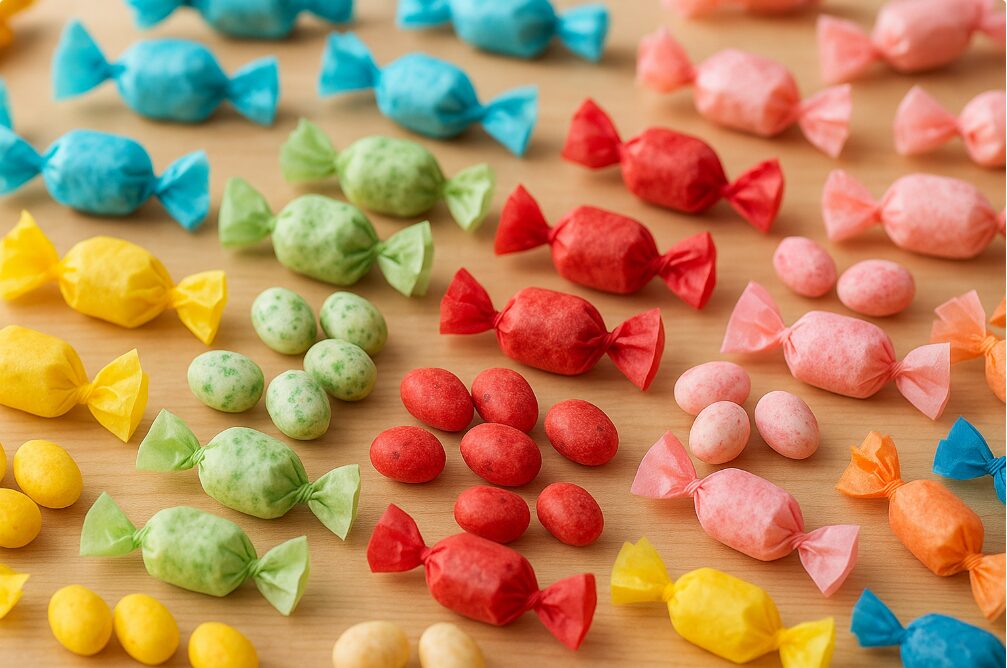 鎌倉まめやの、カラフルで個包装された季節限定フレーバーの豆菓子の数々。職場でのばらまき土産に最適な様子