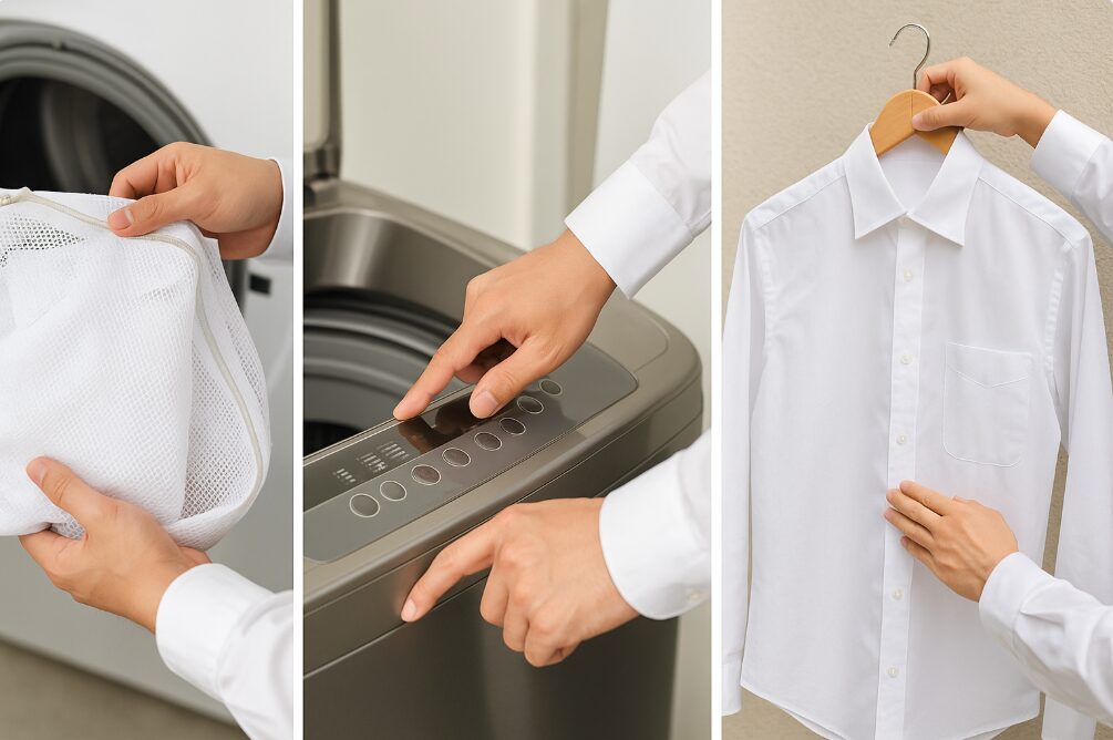 鎌倉シャツを長持ちさせるための「洗濯ネット利用」「短時間脱水」「形を整えて干す」という3つのステップ。