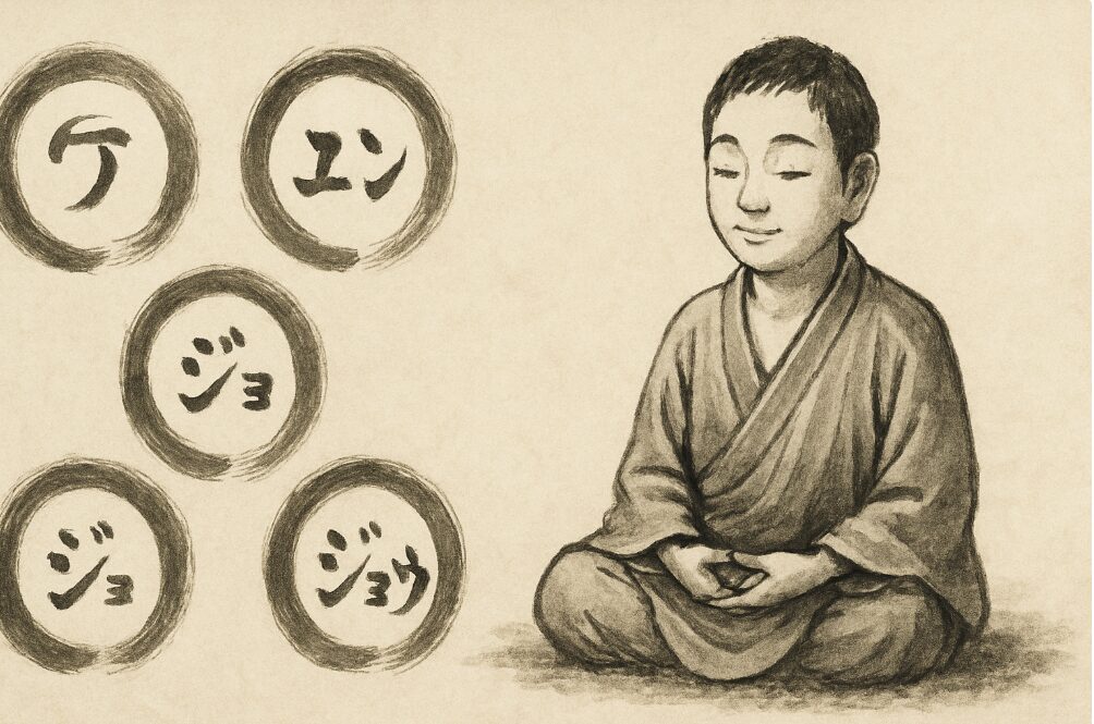 鎌倉五山の順位を覚えるための語呂合わせ「ケン・エン・ジュ・ジョウ・ジョウ」を図式化した禅画風のイメージ