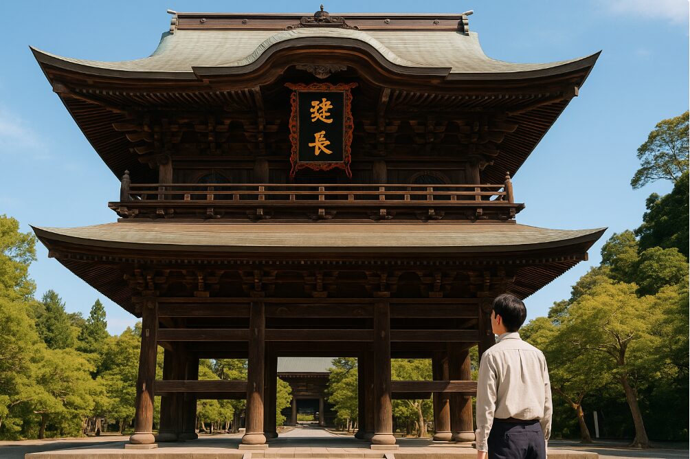 鎌倉五山第一位である建長寺の巨大な三門（山門）。北条氏の威光を示す歴史的で荘厳な風景。