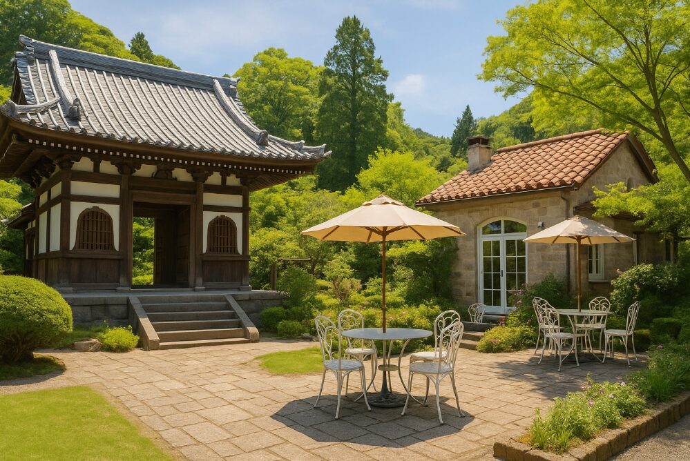 鎌倉五山第五位・浄妙寺の境内にある石窯ガーデンテラス。禅寺と洋風カフェの対比が楽しめる風景