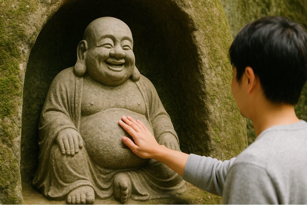 鎌倉五山第四位・浄智寺の洞窟（やぐら）に祀られている布袋尊。お腹を撫でる参拝体験を連想させる愛嬌のある像。