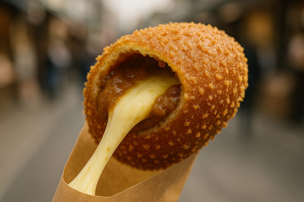 鎌倉名物「ジラッファ」の揚げたてカレーパンから、濃厚なチーズがとろりと、長く伸びている瞬間のクローズアップ。食欲をそそるシズル感とカリカリの衣。