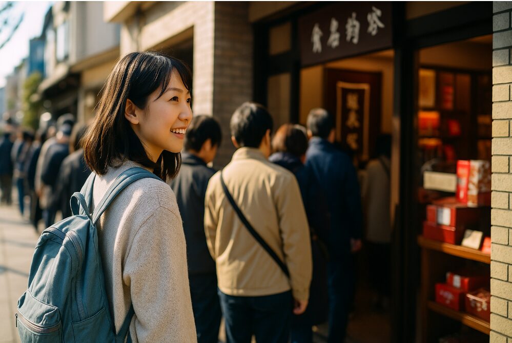 鎌倉紅谷の「クルミッ子」切り落としを購入するため、朝早くから並ぶ日本人女性の様子。現地限定のレア商品に対する期待感と人気を示す。
