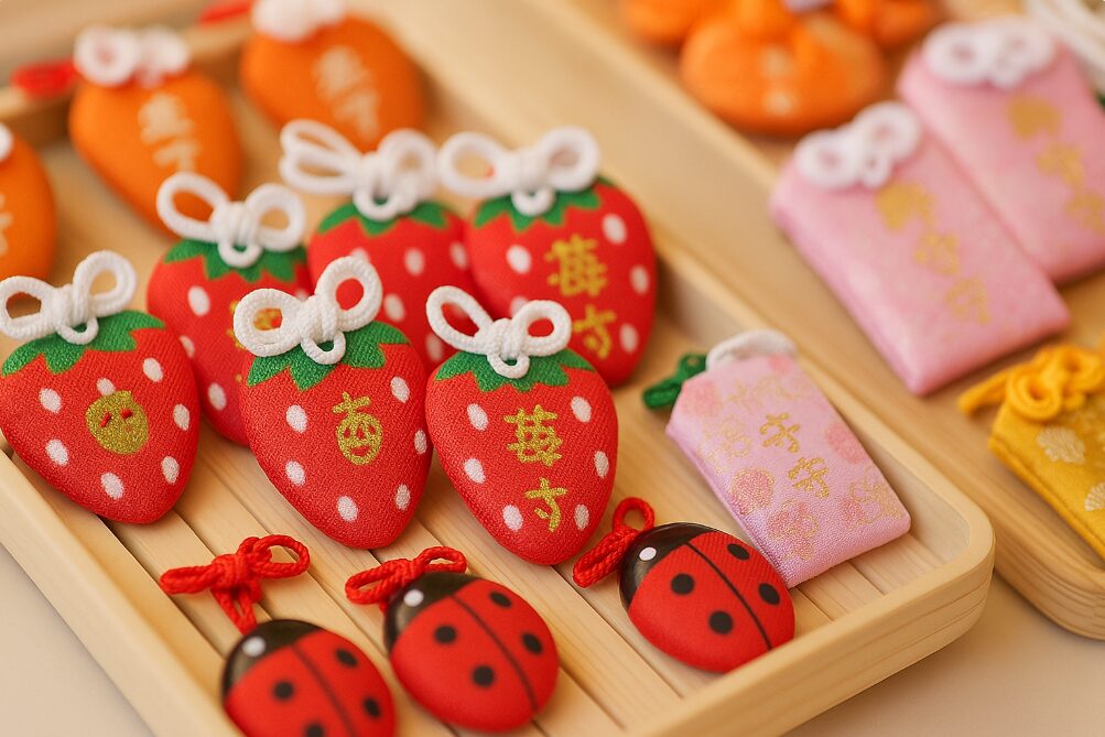 長谷寺で授与されている、いちご型やてんとう虫型など、デザイン性の高い可愛らしいお守りの数々。