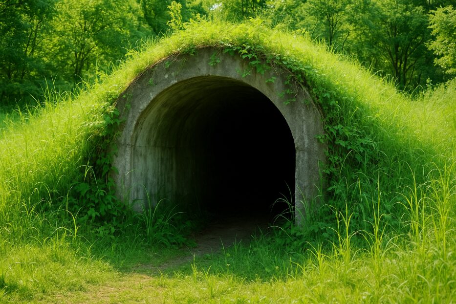 雑草に覆われ、暗い影を落とすこどもの国周辺の防空壕跡の入り口