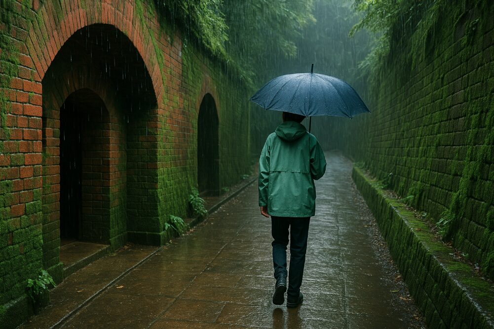 雨に濡れた猿島の要塞跡。