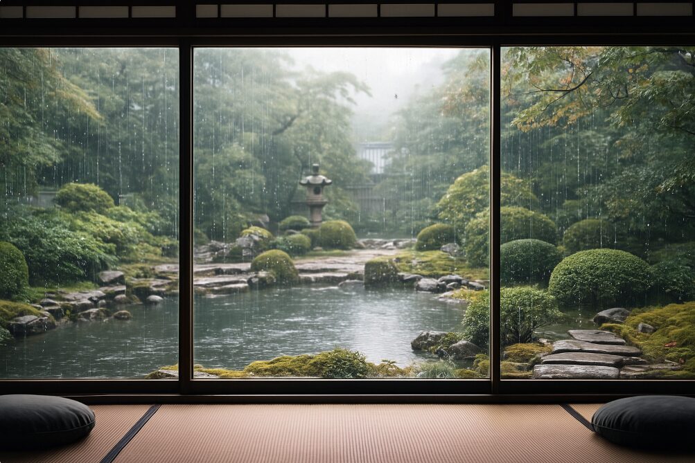 雨の日、静かな和の空間から窓越しに眺める濡れた日本庭園。鎌倉の雨の日の風情を表現