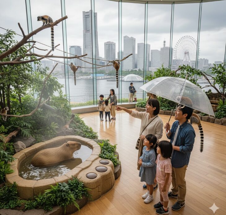 雨の日に横浜の室内動物園でカピバラやワオキツネザルと触れ合う家族連れ。窓の外には横浜の街並みと雨に濡れる観覧車が見える