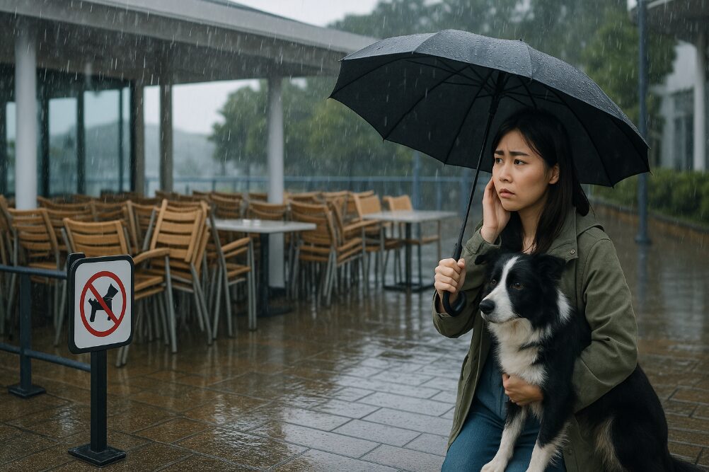 雨の日に閉鎖されたレストランのテラス席を見て、犬連れで困っている飼い主の様子