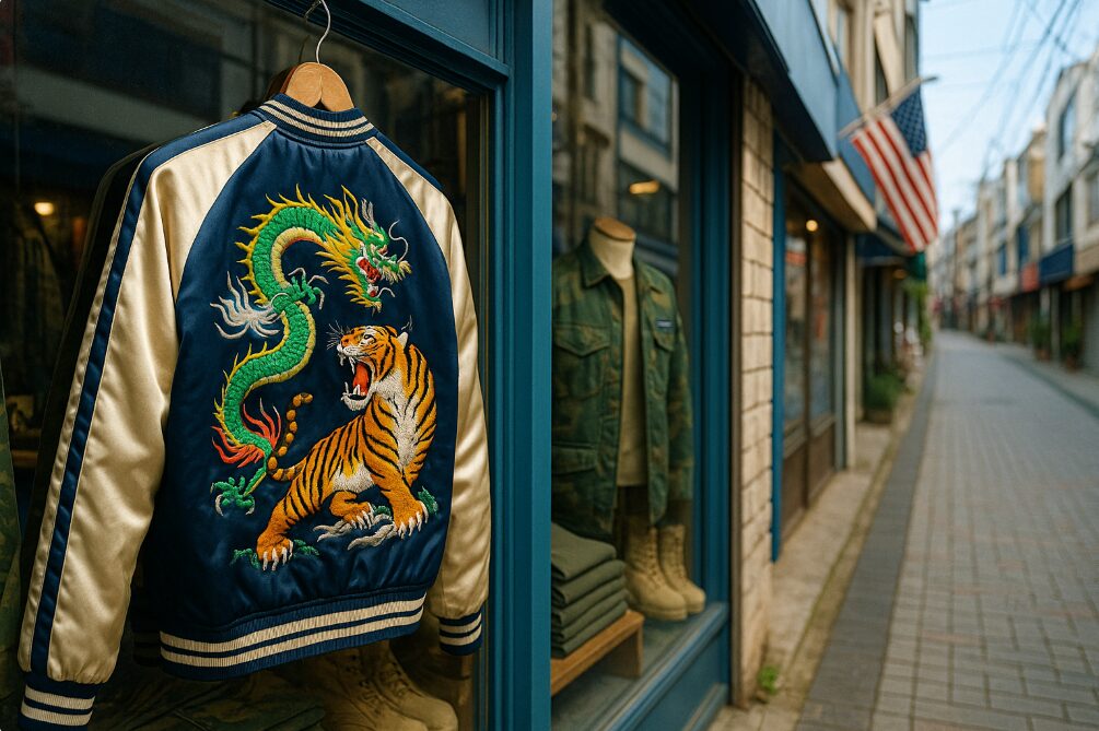 -鮮やかな龍と虎の刺繍が施されたスカジャン。横須賀のドブ板通りにあるミリタリーショップのショーウィンドウ。