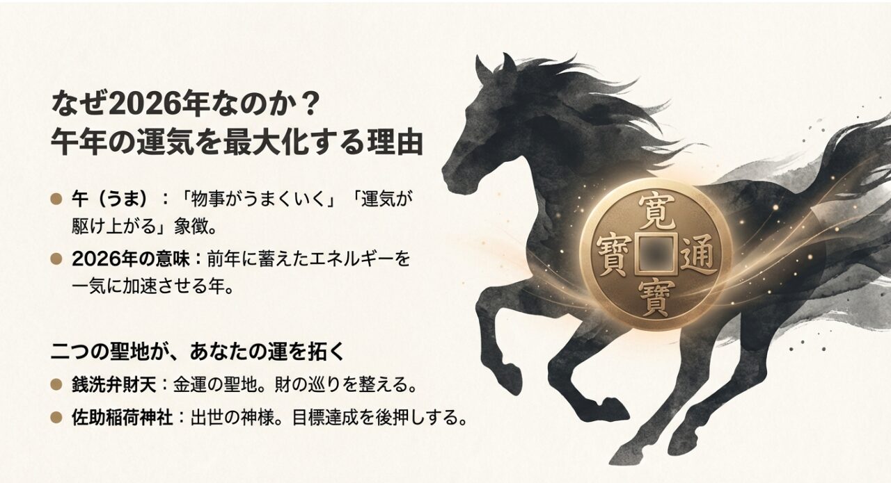 2_午年の意味と金運の銭洗弁財天、出世の佐助稲荷神社が運を拓く理由を説明するスライド