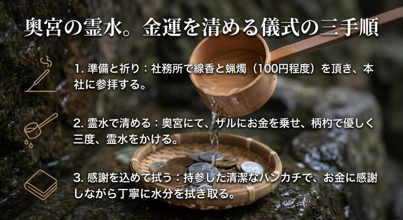 4_奥宮での線香・蝋燭の準備から霊水でお金を清めて拭き取るまでの手順解説スライド