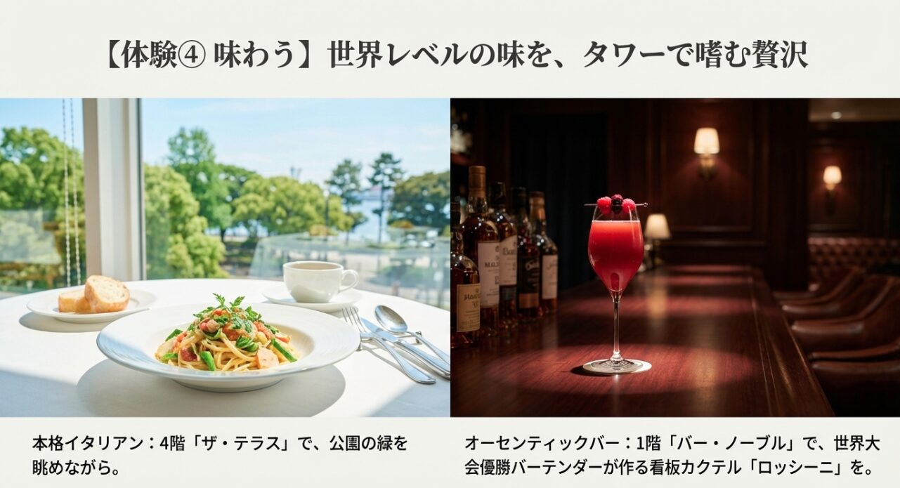 4階イタリアン「ザ・テラス」の料理と、1階「バー・ノーブル」の看板カクテル「ロッシーニ」のイメージ写真。