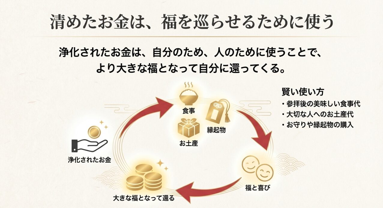 7_清めたお金を食事やお土産に使い福を巡らせる循環サイクルを示した図解スライド