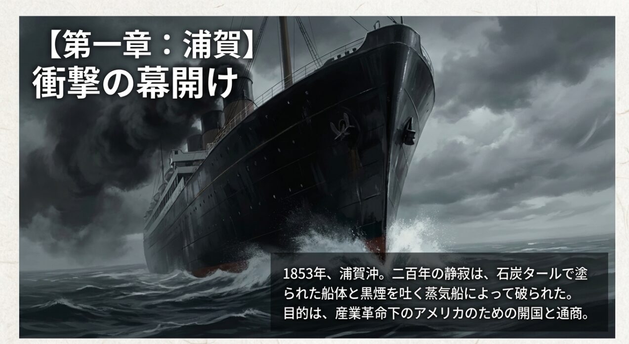 853年に浦賀沖に現れた黒船と、当時の背景を説明する「第一章：浦賀」の導入スライド