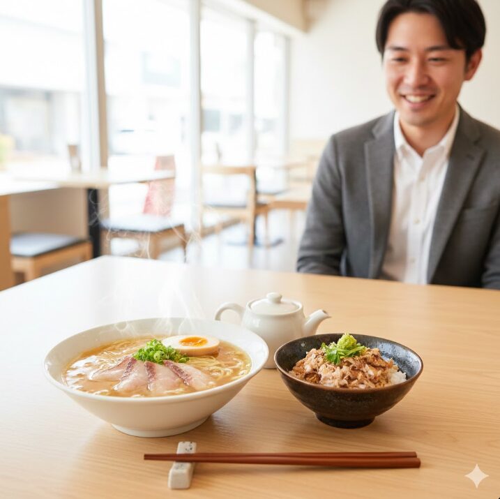 FISHER'MENの人気メニュー、透き通った黄金色のスープが特徴の「鯛塩らーめん」と、〆に最適な「鯛めし」のセット。