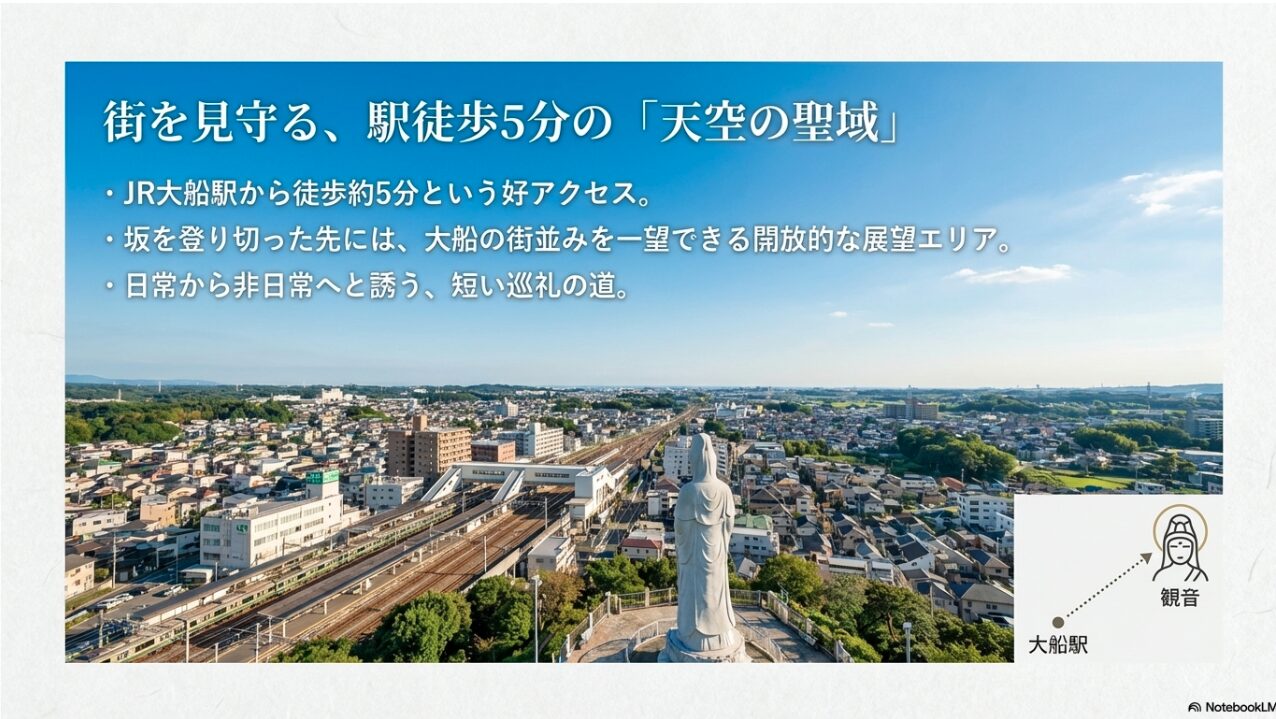 JR大船駅から徒歩約5分のアクセスと、境内から街並みを一望できる展望エリアの案内。