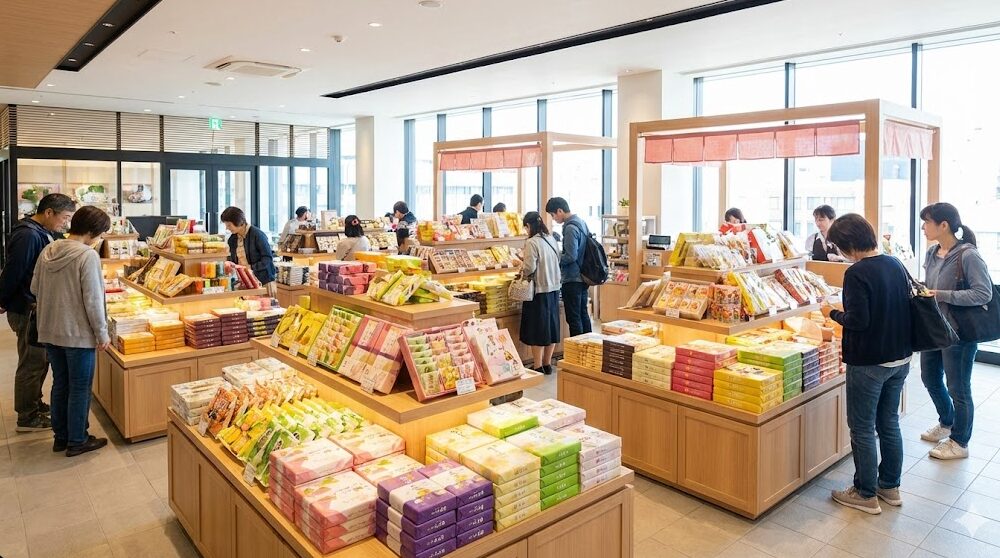 JR茅ヶ崎駅直結の駅ビル「ラスカ茅ヶ崎」3階のお土産売り場。明るい店内で地元の銘菓を選ぶ買い物客の様子。