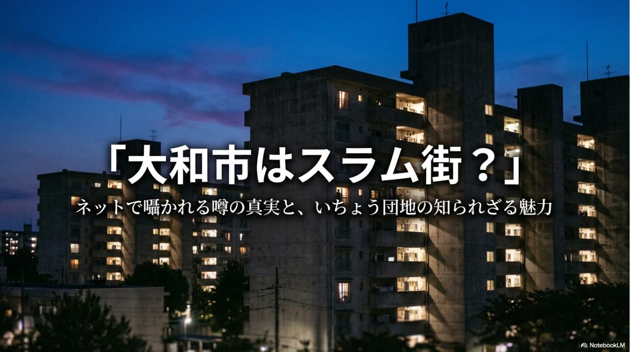 「大和市はスラム街？」というタイトルと、「ネットで囁かれる噂の真実と、いちょう団地の知られざる魅力」というサブタイトルが書かれたスライド表紙。