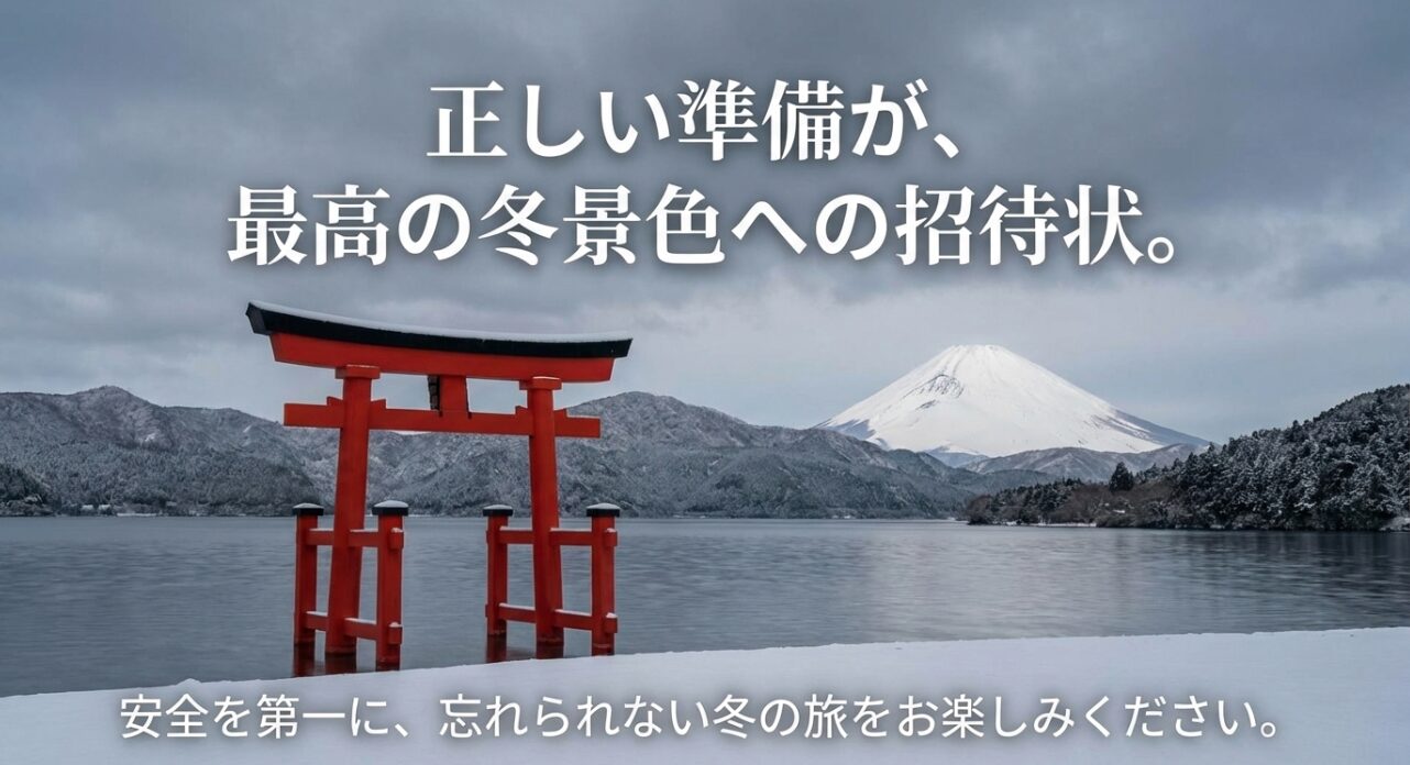 「正しい準備が、最高の冬景色への招待状。」というキャッチコピーとともに、安全な旅を願うメッセージカード風の画像