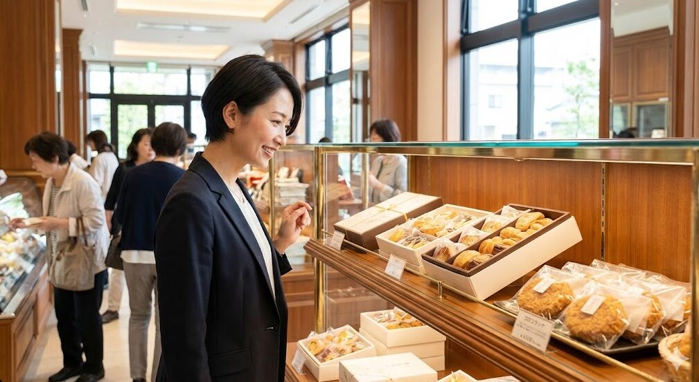 「葉山ステーション」の高級感のある店内で、ギフト用のお菓子や葉山コロッケなどの特産品を見ている日本人女性客。